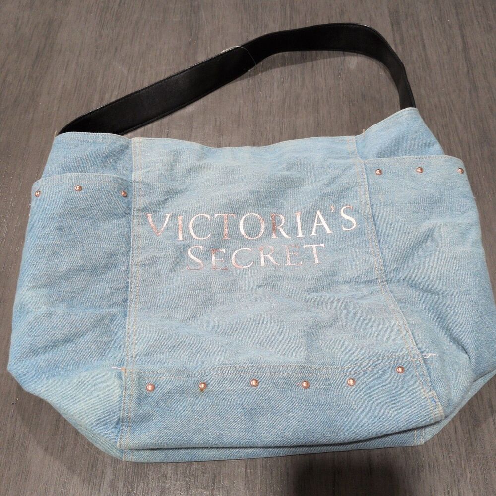 Victoria’s Secret Studded Denim Tote Bag (Light Blue/Rose Gold)